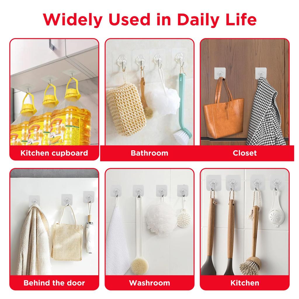5/10/20pcs Adhesive Hooks for Hanging On Wall or Ceiling, Heavy Duty, Clear, Damage Free, Stick On Hangers for Kitchen Bathroom