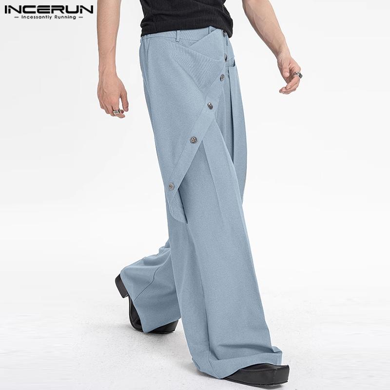 INCERUN Pantalon long décontracté à fermeture éclair et boutons pour hommes, pantalon à jambe large