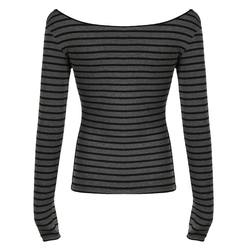 

VAYLA Японская базовая облегающая футболка с длинным рукавом в полоску с открытыми плечами и круглым вырезом, корейский уличный стиль, весна-осень, Y2K, серая футболка женская M темно-серого