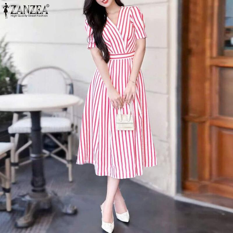 ZANZEA Women Casual V-Neck Loose Short Sleeve Stripe Dress