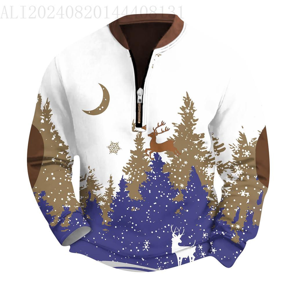 Men'S Retro Casual Zipper Sweatshirt Fashionable Printed Sports Pullover