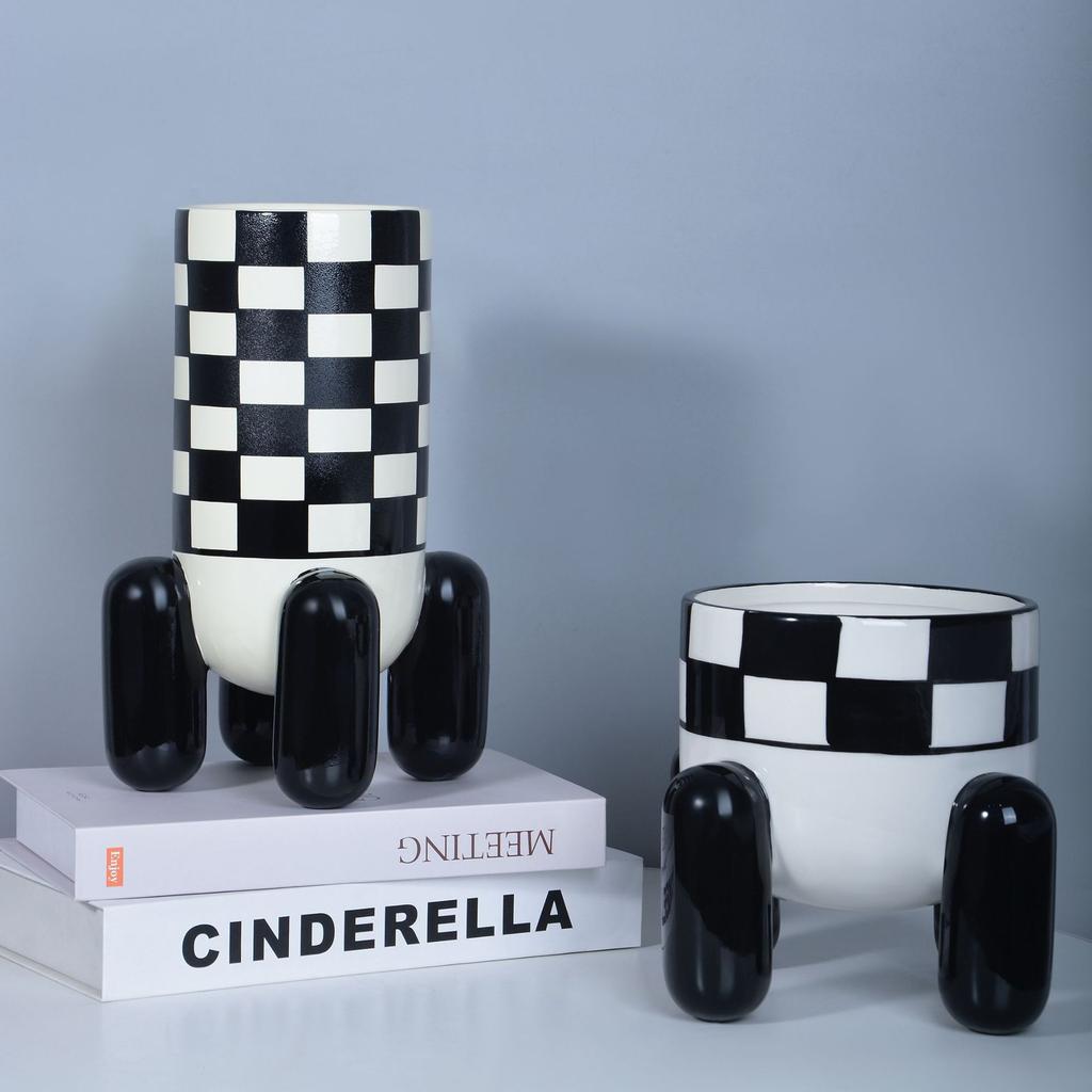 Geometric Black and White Checkered Ceramic Vase Tall Flowerpot Terrarium Flower Vase Home Decoration Accessories