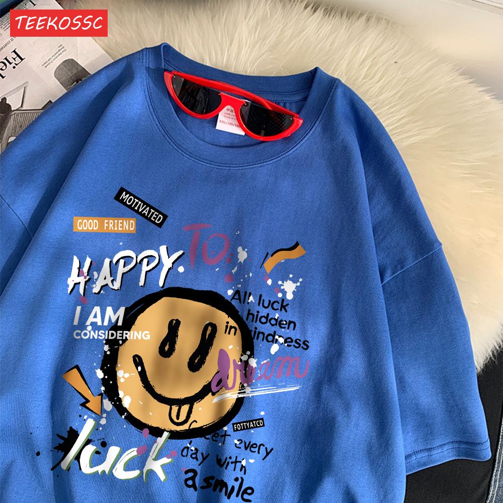 Summer Cotton Women TShirts Fun Graffiti Cute Smiling Face Prints Tees Breathable Loose ONeck Casual Street Female Clothes