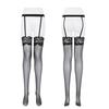 Sexy Glossy One-Piece Suspender Stockings8DHorse Oil Silky Hollow Out Hibiscus Lace Over-the-Knee Long Tube Garter Black Stockin