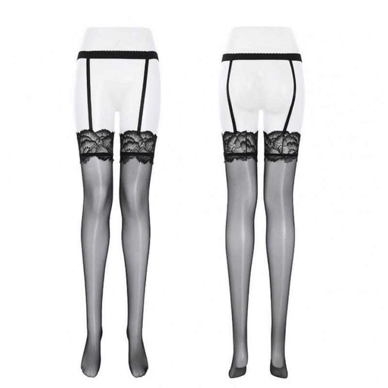 Sexy Glossy One-Piece Suspender Stockings8DHorse Oil Silky Hollow Out Hibiscus Lace Over-the-Knee Long Tube Garter Black Stockin