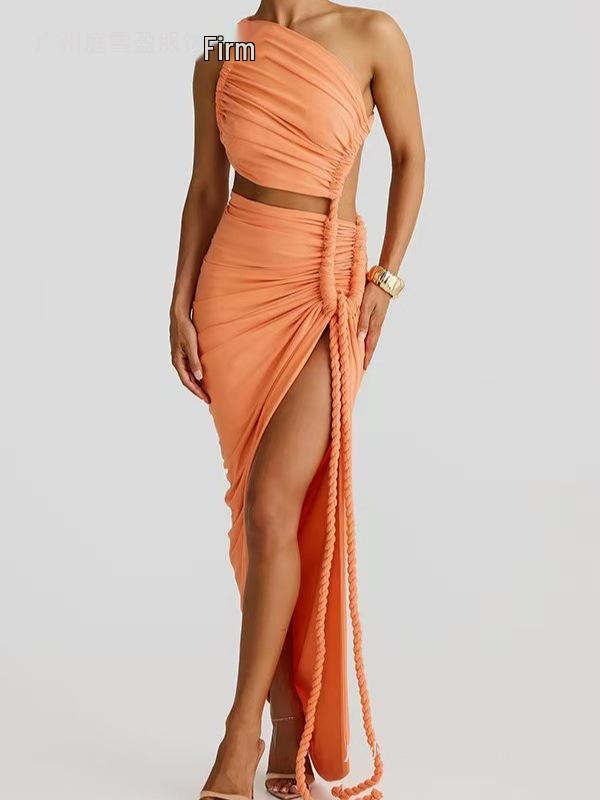 Women's One-Shoulder Ruffled Bandeau Dress: Sexy Summer Backless Split Long Dress