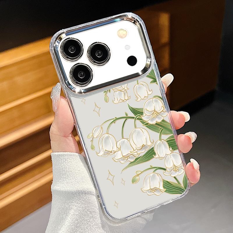Blue Purple Flower Pattern Case For iPhone 17 Pro Max Plating Lens Frame Clear Soft Cover For iPhone 16 15 14 13 Pro Max 11 16E 17E