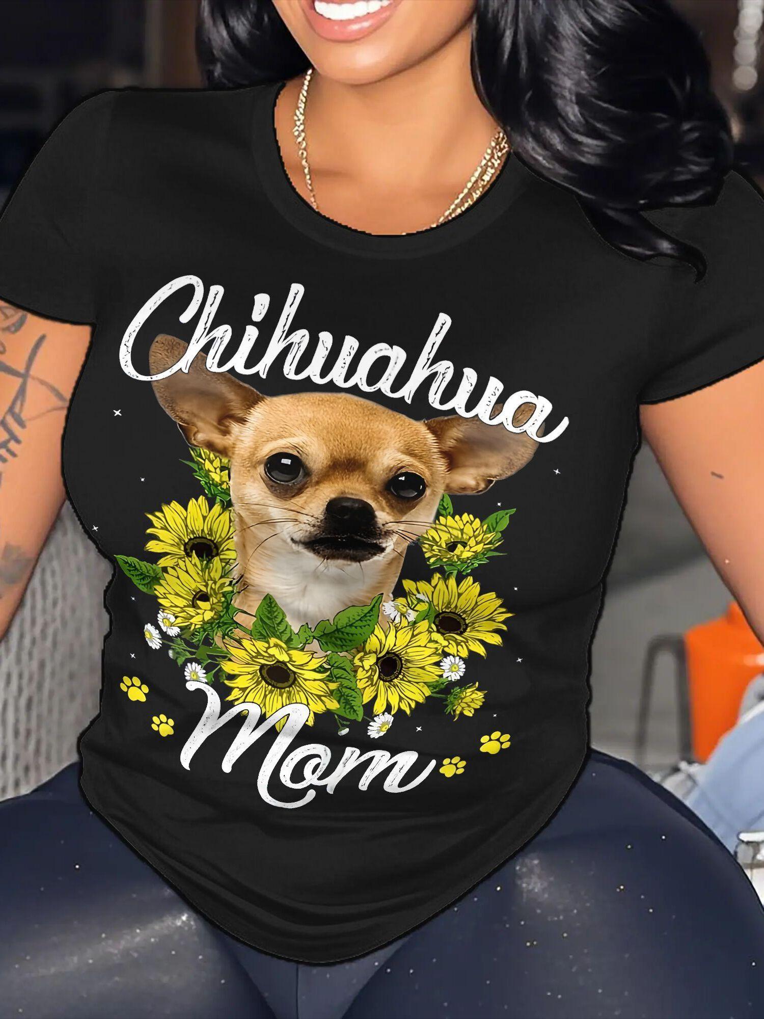 Женская ретро футболка с графическим принтом  Мама чихуахуа  и подсолнухом - Цветочный дизайн с собакой, короткий рукав, круглый вырез, повседневная футболка S