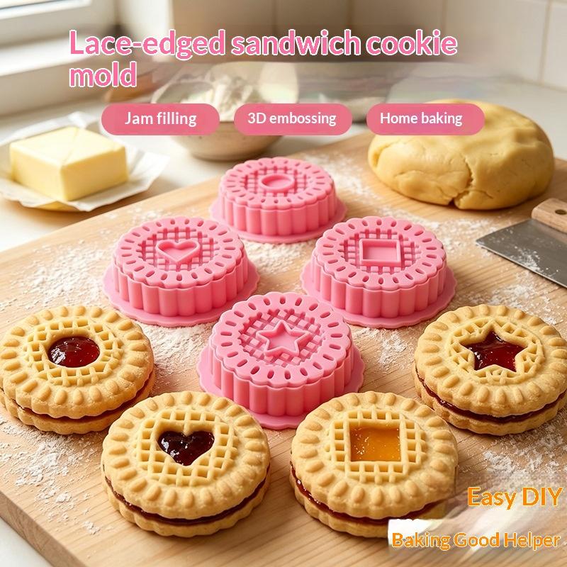Retro Round Sandwich Cookie Mold Set Heart & Dot Edge Biscuit Cutters For Jam, Chocolate & Cheese Cookies Valentine'S Day