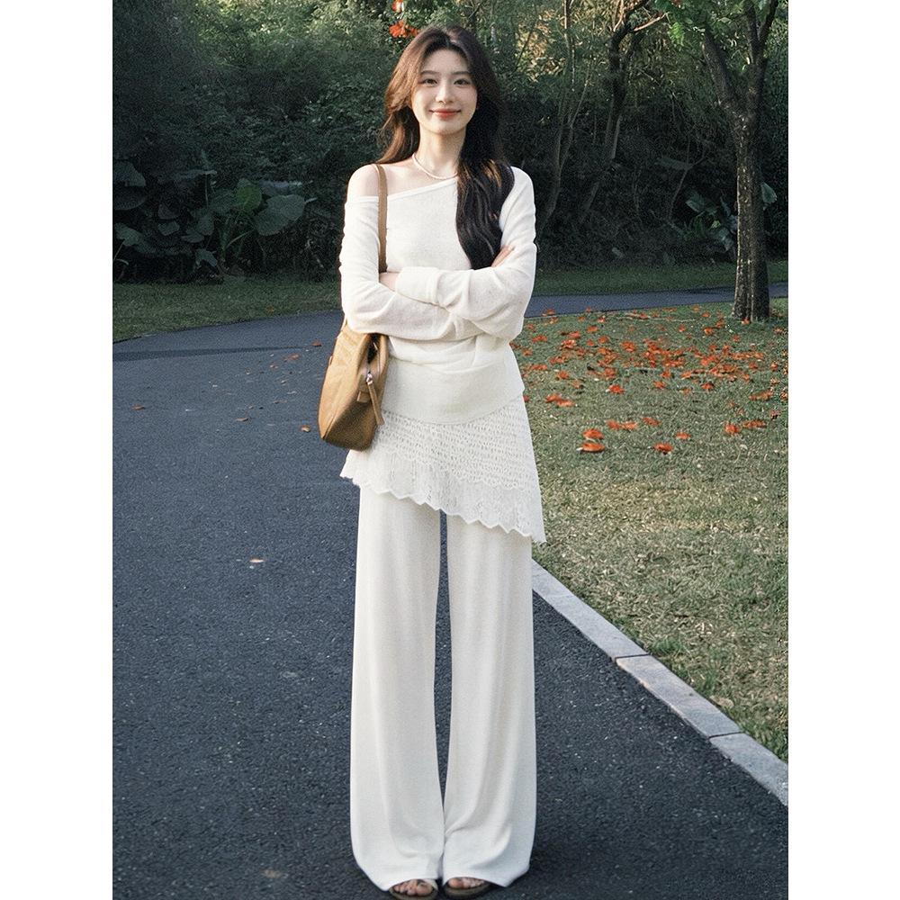 Summer New Off-shoulder Long-sleeved Thin Top Women's Slim Fake Two-piece Wide-leg Pants Fashion Suit