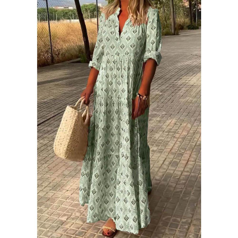 Damen V-Ausschnitt Langarm Maxikleid Oversized Lässig Geometrischer Print Urlaubs-Kleid