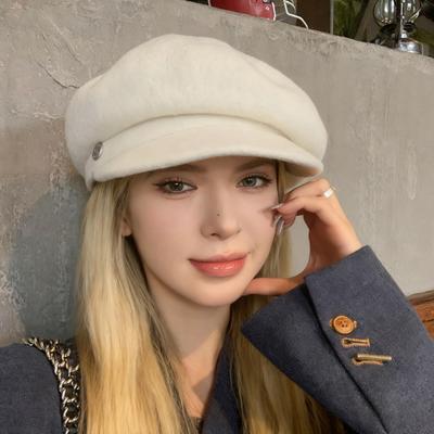 Women Beret Hat Solid Color Dome Top Style Painter Hat with Short Brim Warm Headwear Winter Fashion Accessory