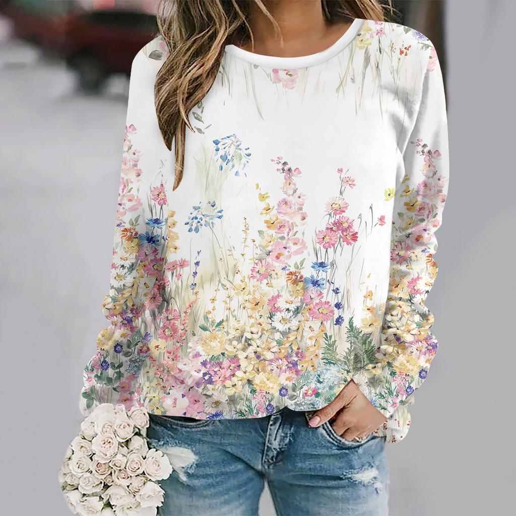 Autumn and winter round neck long sleeved print elegant and casual loose fit