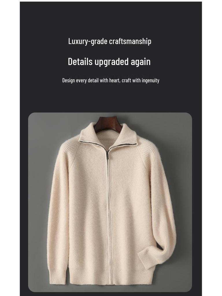 Men's Double-Ply Pure Wool High Neck Zipper Cardigan - Thickened Loose Casual Knit Sweater for Autumn and Winter.