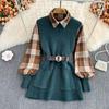 Herbst/Winter Modeanzug Westernstil Karobluse + Strickweste Zweiteiliges Set