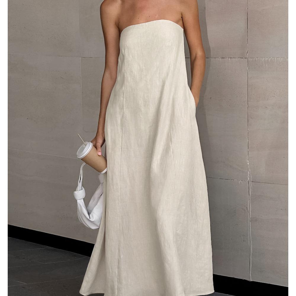 Women s Strapless Sleeveless Maxi Dress Loose High Waist Vacation Solid Rayon Linen Blend A Line Casual Midi Dress S