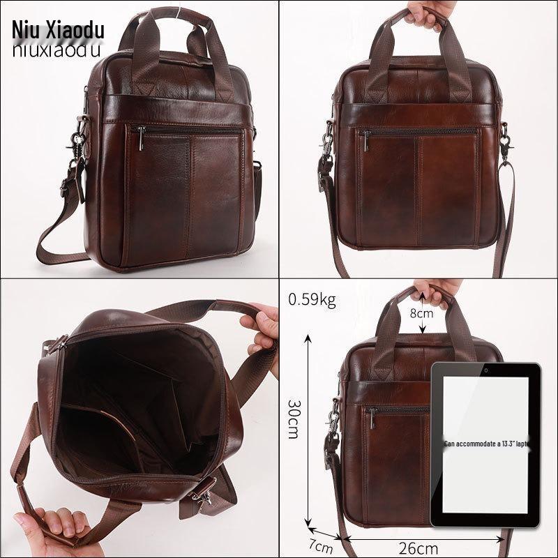 Men's Genuine Leather Vertical Briefcase: Simple Top Layer Cowhide Shoulder & Crossbody Document Bag.