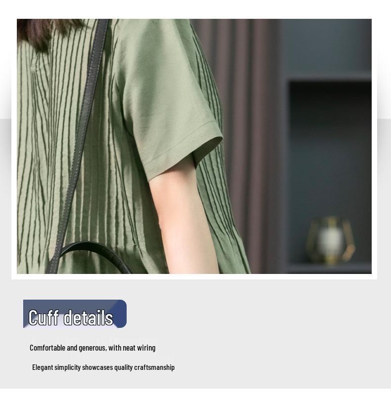 Šaty střední délky z bavlny a lnu v korejském stylu s volnými harmonikovými sklady, léto 2023 - Zeštíhlující design s krátkým rukávem pro ženy