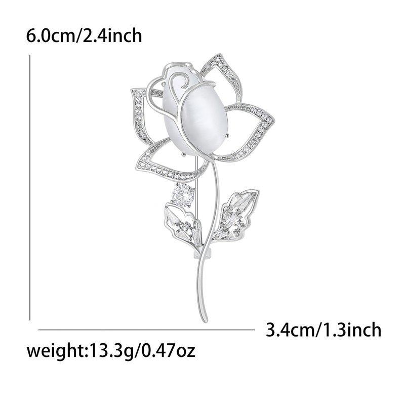 Rose Brooch Pin with Milky White Stone and Rhinestone Petals for Women Shawls and Lapels, 60x34mm, Gold Silver