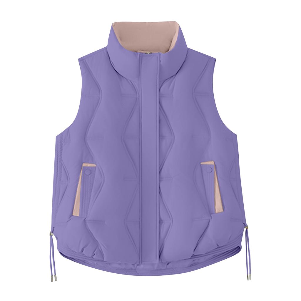 Women's Solid Color Fashionable Pocket Stand Up Collar Button Vest Jacket
