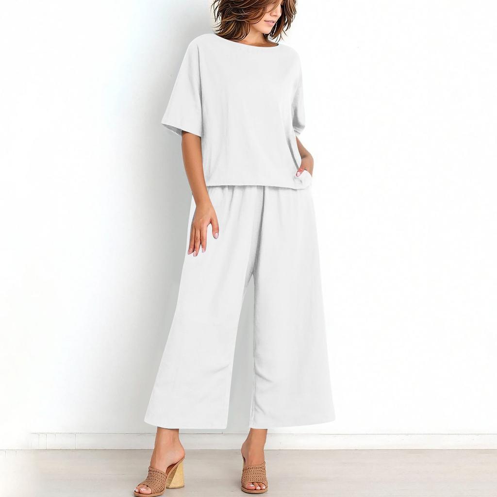 Women's Casual Fashion Sexy Long And Short Sleeve Pullover Shirt Round Neck Literary Retro Color Casual Split Suit
