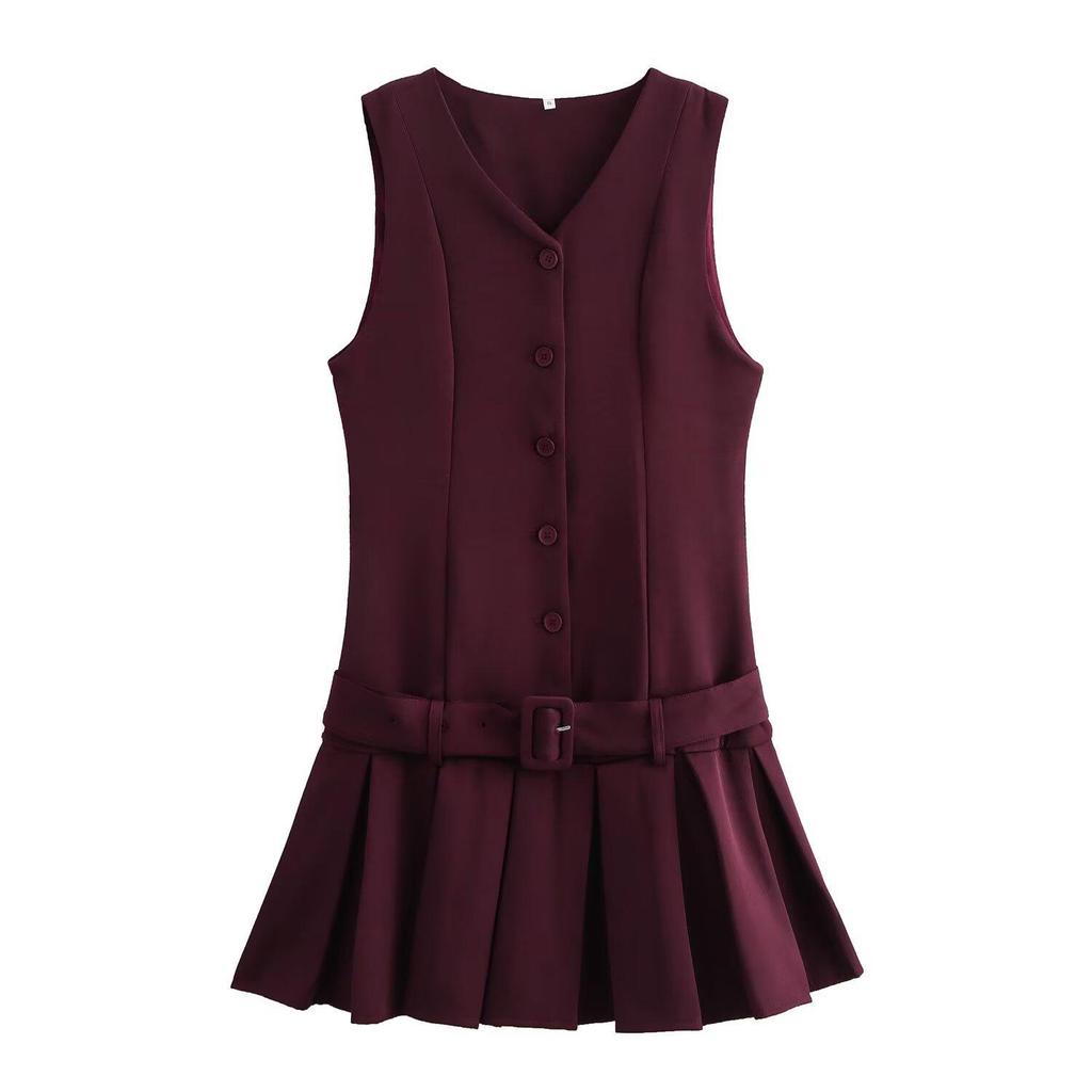 Europäisches & Amerikanisches V-Ausschnitt Gürtel Plissee Kleid mit Kurzem Rock