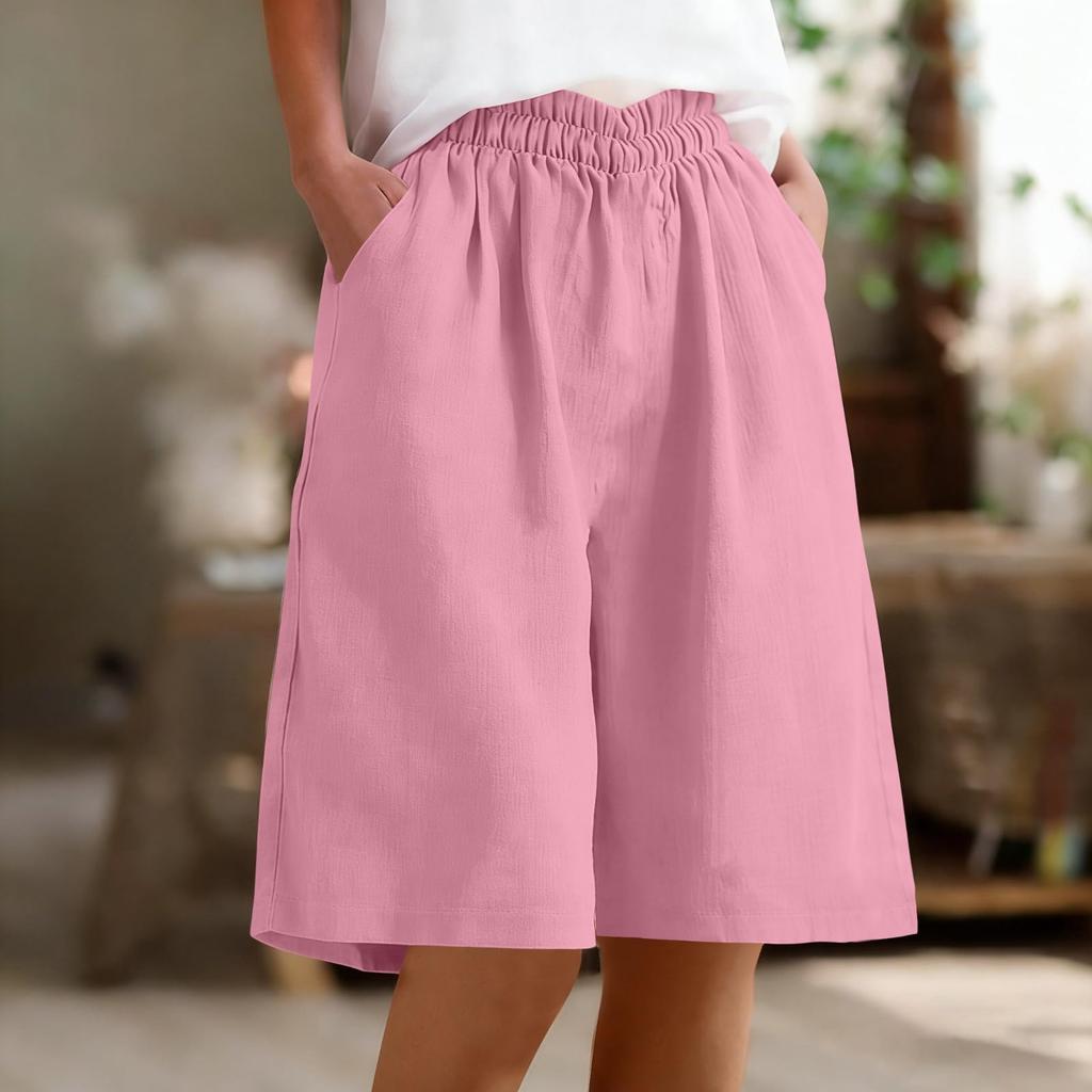 Women's Fashion  Color Pocket Five-Foot Loose Elastic Waist Cotton Linen Shorts