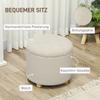 Round Upholstered Storage Ottoman with Lid, Wooden Legs, Cream White