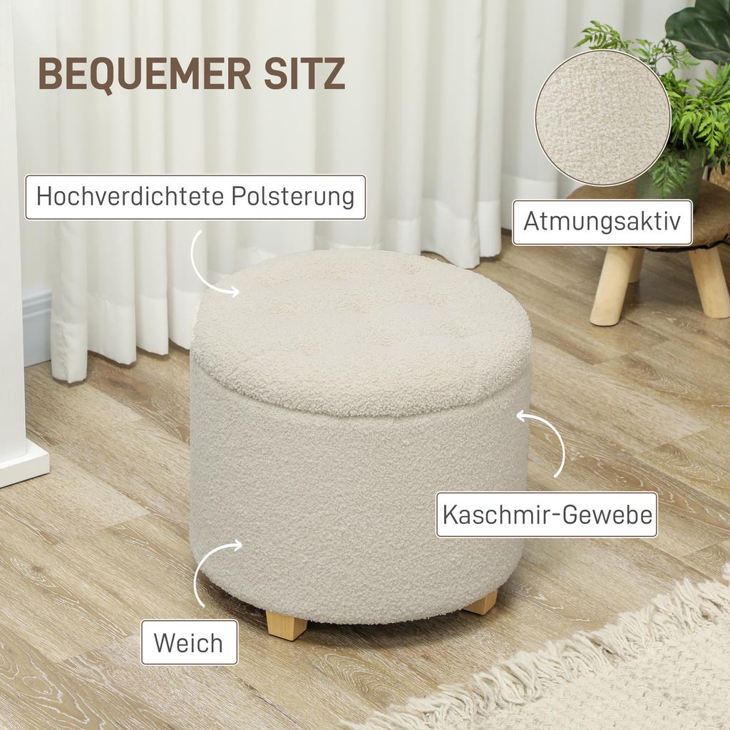 Round Upholstered Storage Ottoman with Lid, Wooden Legs, Cream White