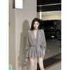 Black perspective long-sleeved chiffon dress women's early autumn design sense mesh short skirt v-neck temperament waist a-word skirt