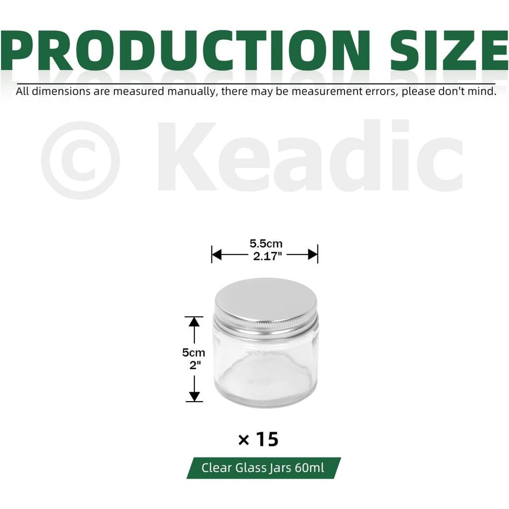 15 Pcs 60ml/2oz Glass Jars with Lids Assortment Set,Mini Round Airtight Canning Sample Jars with Silver Lids,Tiny Makeup Containers Empty Cosmetic