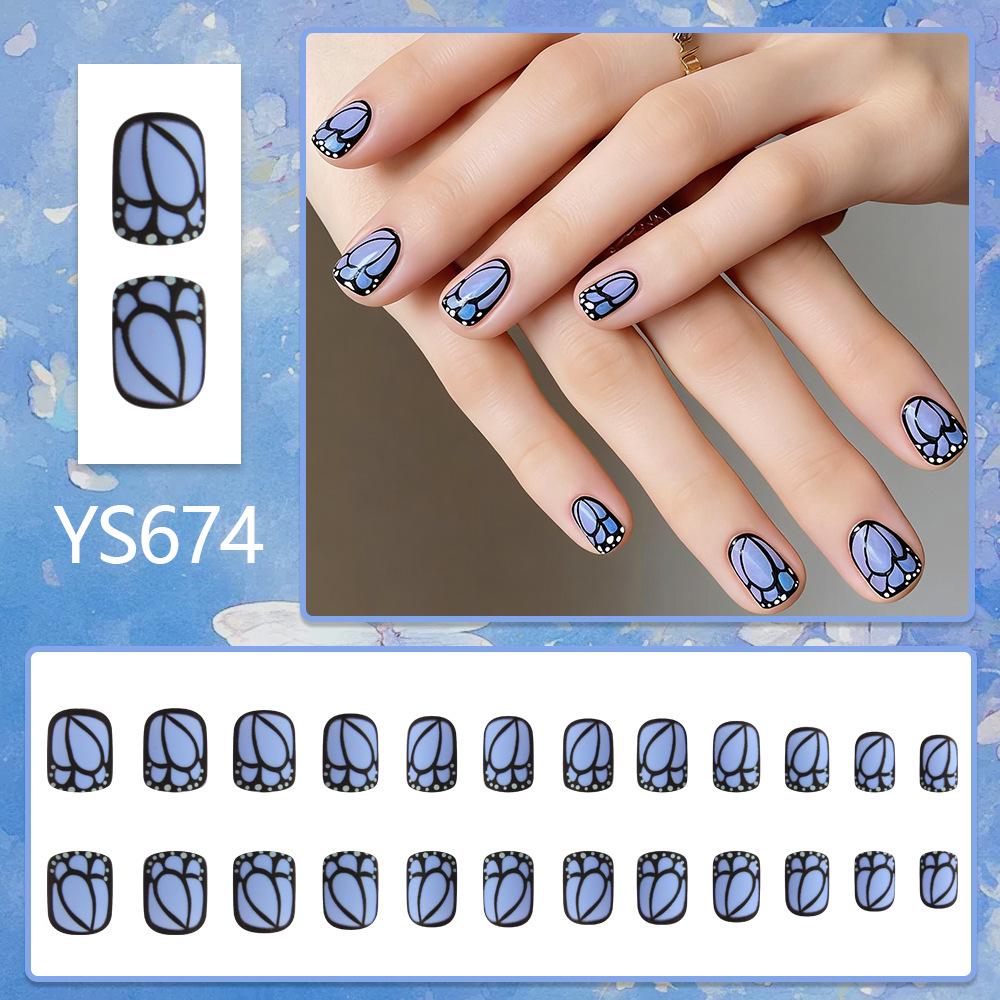 Spring/Summer Blue Butterfly Frosted False Nails - 24 Piece Set: Short, Square, Removable, Girly, Simple, and Cool.