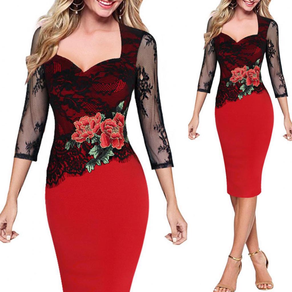 Buy F&W Store Women Flower Embroidery Lace 3/4 Sleeve Square Neck Sexy ...