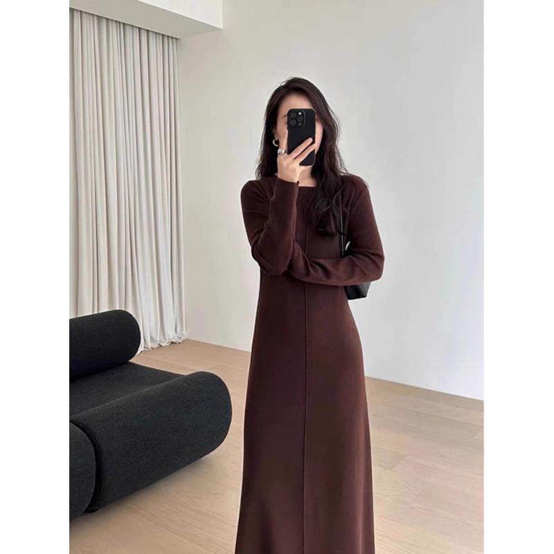 Light and Ripe Coffee Color Round Neck Knitted Dress Women's New Autumn Design Niche Skirt