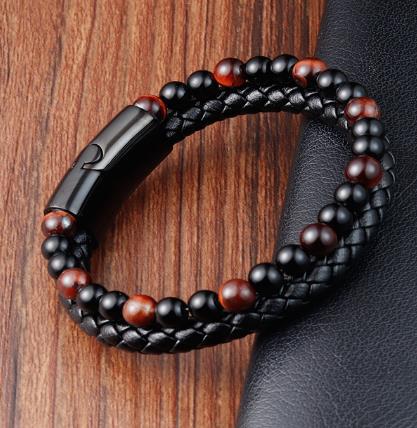 Handmade Black Obsidian Beaded Bracelet With Natural Gemstones And Leather Cord Unisex Jewelry
