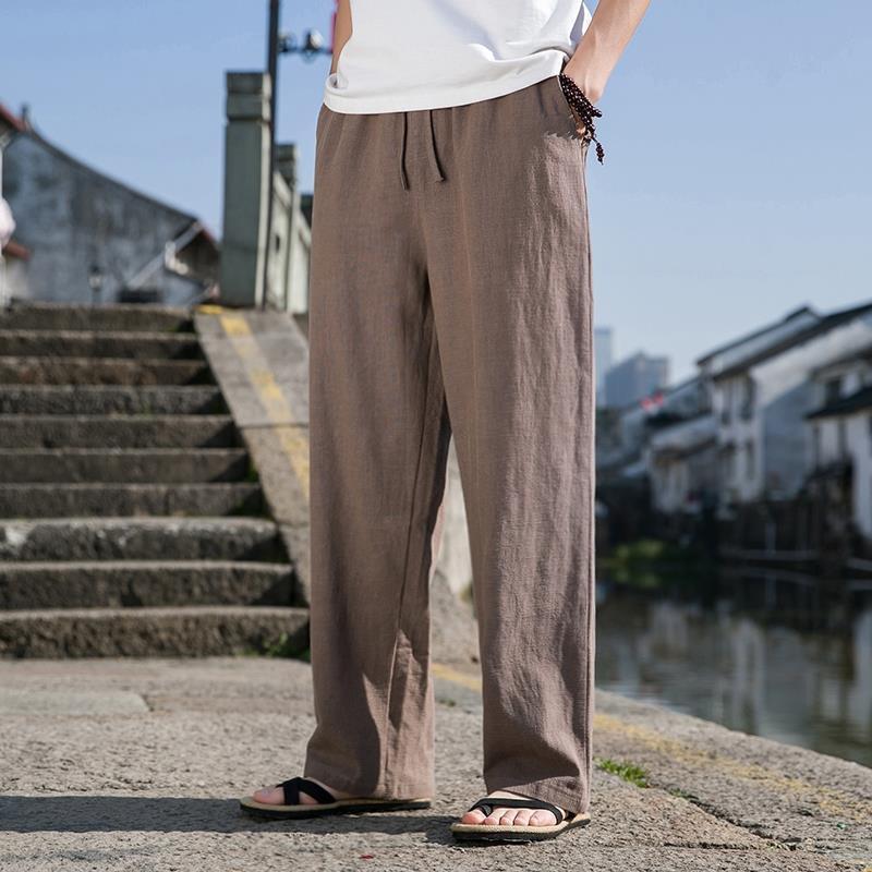 Chinese Style Men's Ramie Cotton Linen Trousers - Loose Plus Size, Straight Leg, Casual Tang Suit for Middle-Aged and Elderly, Spring/Summer.