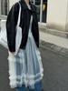 LUXI Korean Sweet Mesh See-Through Camisole Dress with Layered Blouse & Lace Long Skirt