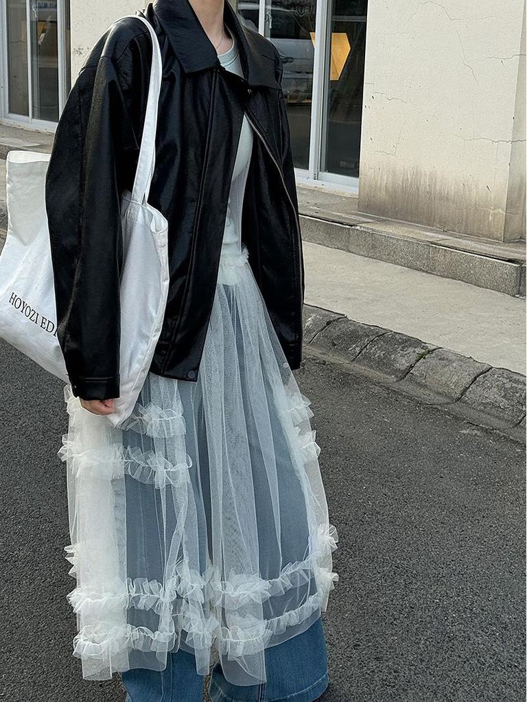 LUXI Korean Sweet Mesh See-Through Camisole Dress with Layered Blouse & Lace Long Skirt