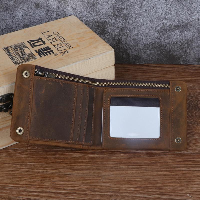 Crazy Horse Leather Men's Wallet Horizontal Leather Short Wallet Inner and Outer Head Layer Leather Buckle Leather Wallet Silver Bag