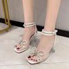 Fashion 2025 Summer White Pearl Bow High Heels Wedding Shoes Woman Square Toe Peep Toe  Thin Heels Party Sandals Zapatillas Mujer