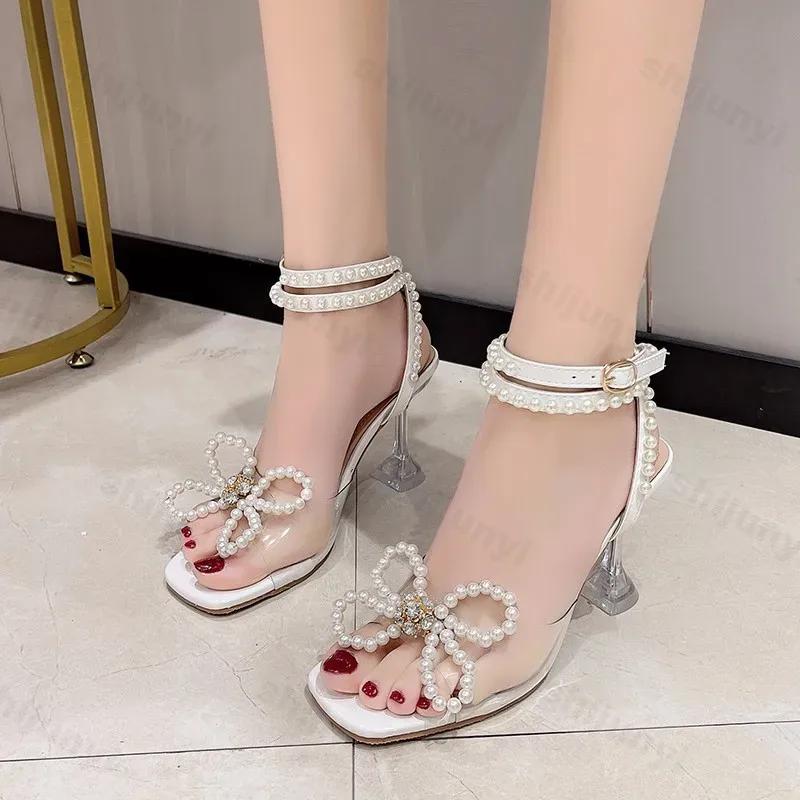 Fashion 2025 Summer White Pearl Bow High Heels Wedding Shoes Woman Square Toe Peep Toe  Thin Heels Party Sandals Zapatillas Mujer