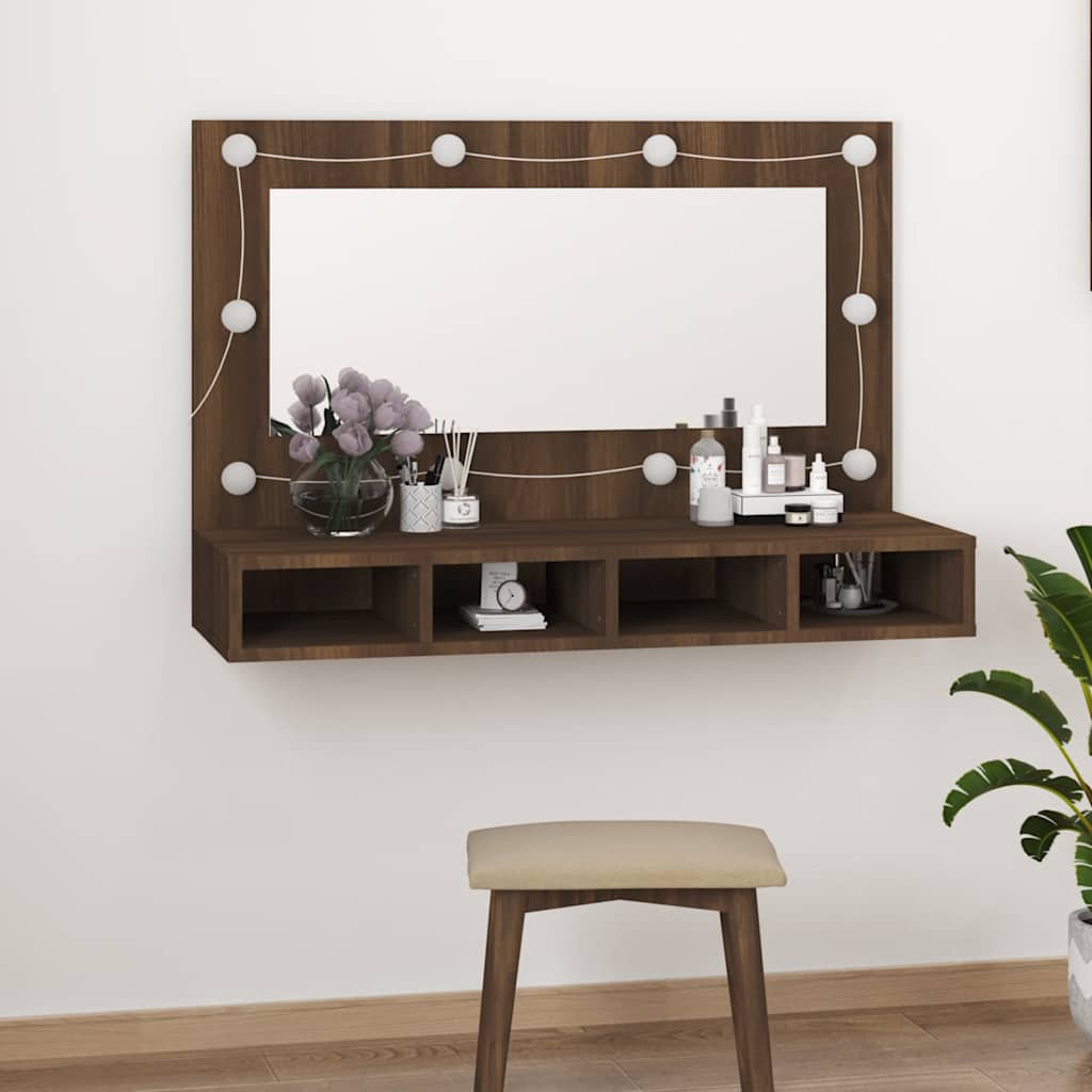 Mirror Cabinet with LED Lighting Brown Oak Effect 90 X 31.5 X 62 Cm