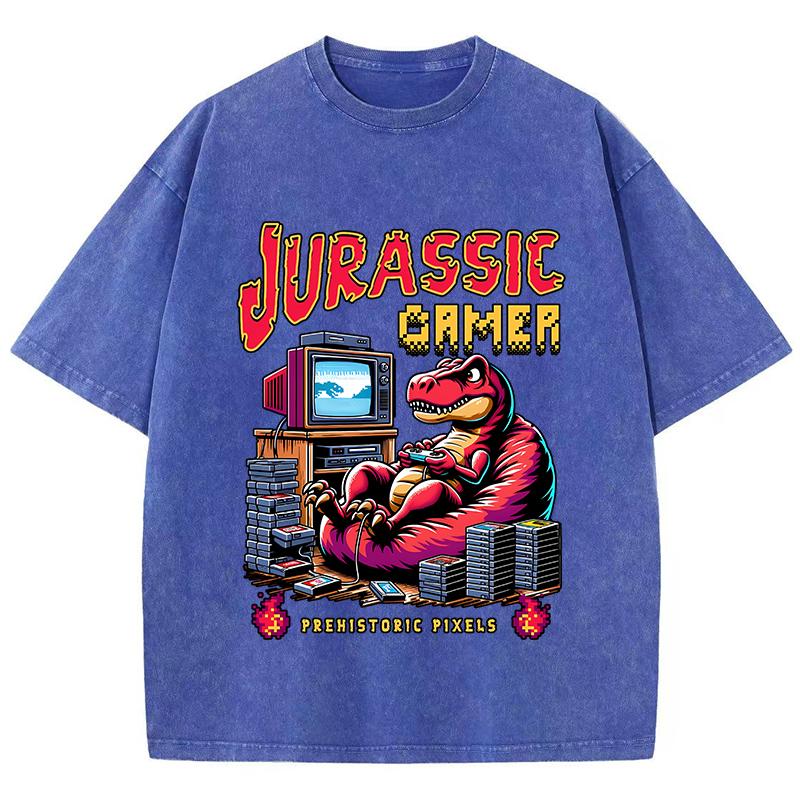 Street Woman Washed T-Shirts Jurassic Games Vintage Manga Print Short Sleeve Comfortable Cotton Oversize Tops Clothes