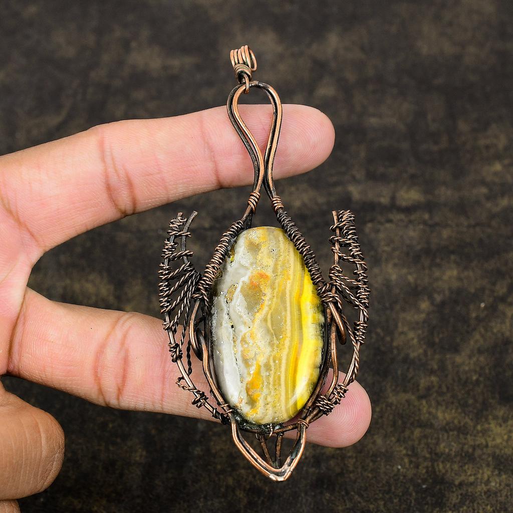 Piatră prețioasă Jasp Bumblee Bee Natural Înfășurat în Sârmă de Cupru Cadou Pandantiv 4.13" d7y43
