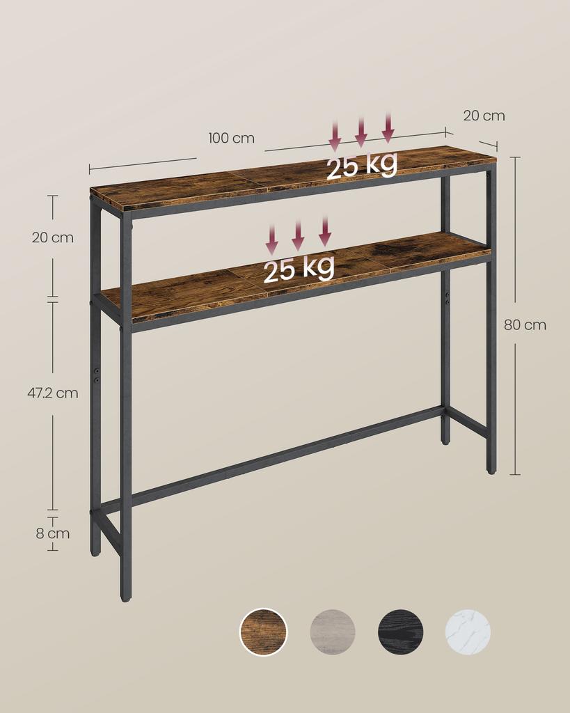 VASAGLE Konsolentisch, Schmaler Sofatisch mit 2 Regalen, 20 x 100 x 80 cm, Flurtisch, 2 Ebenen, für Flur, Wohnzimmer, Schlafzimmer