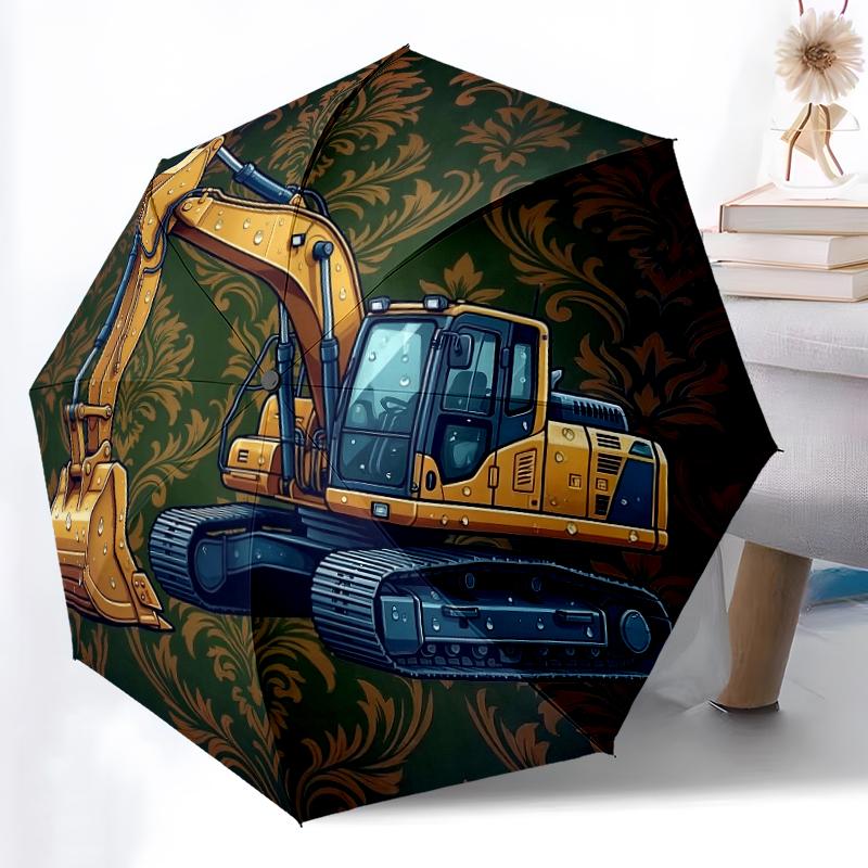 1pc Sturdy 8-Bone Auto Umbrella, Blue Balance Excavator Umbrella, Digital Printed, Foldable Umbrella for On-the-Go Outdoor Use