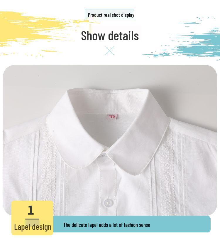 Girls' Long-Sleeve White Lace Shirt for Kids, 2023 - Pure Cotton School Uniform Blouse