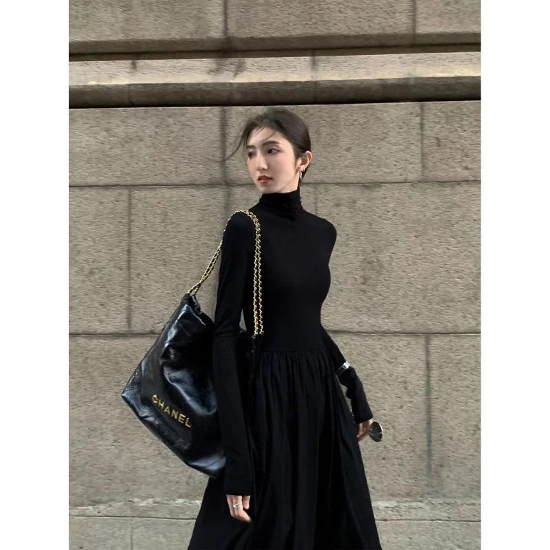 LYRIA New French Style Temperament Women's High-Grade Black Dress Hepburn Style Gray Turtleneck Dress for Women Autumn Winter