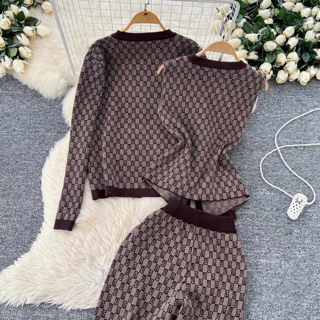 Winter Vintage Plaid Print Sweater Suits Women Knit Cardigan Elastic Long Pants American Retro Autumn Casual Three Pieces Sets