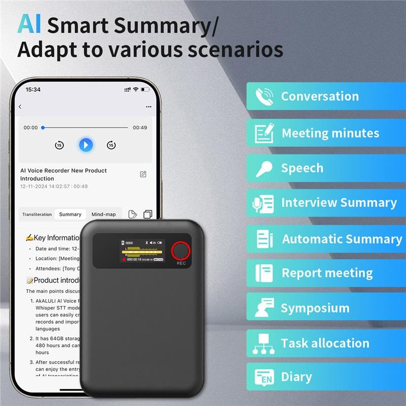 

ChatGPT APP recorder convertible text conference summary translation mobile phone control ai recorder -Black-64GB